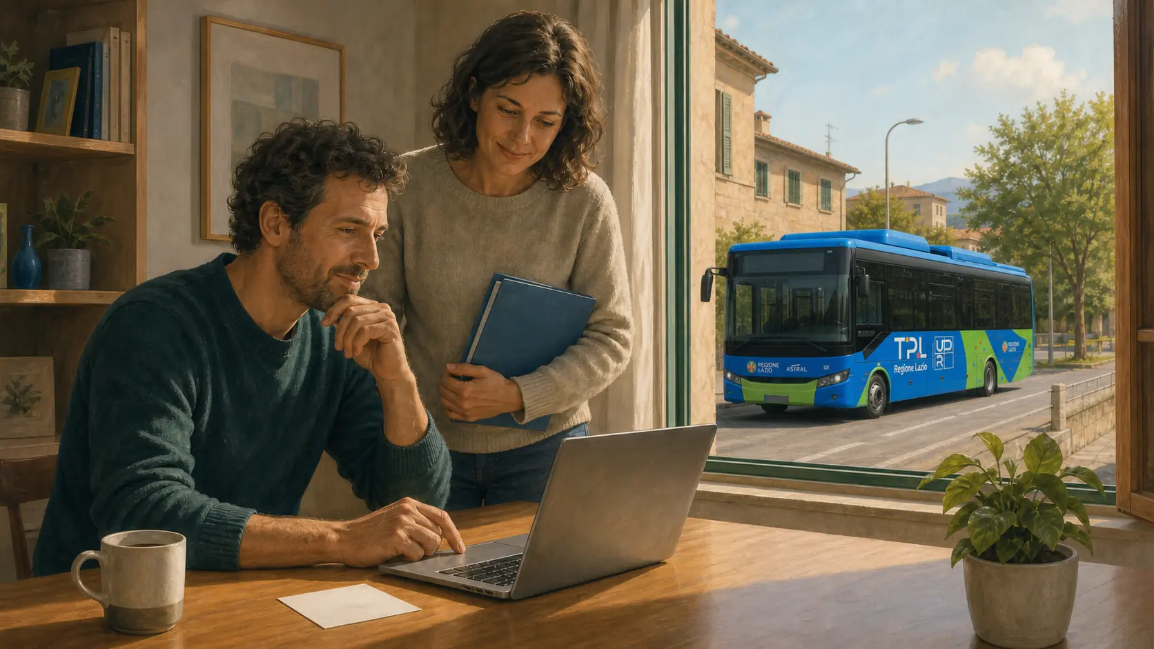 Due adulti consultano un portatile a casa mentre, fuori dalla finestra, passa un autobus UDR blu e verde.