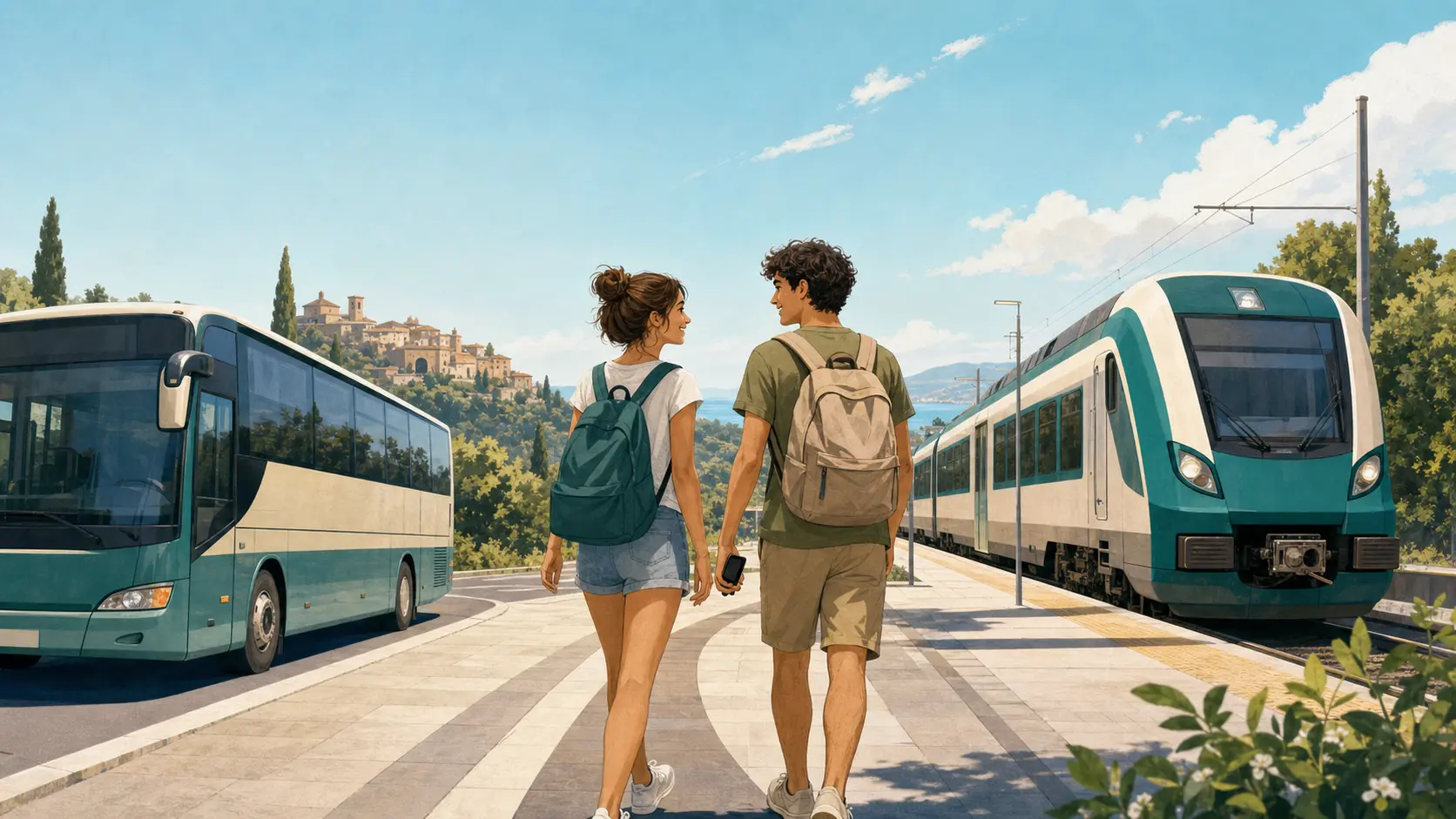 Illustrazione di due giovani che collegano un autobus regionale e un treno per viaggiare nel Lazio durante l'estate.