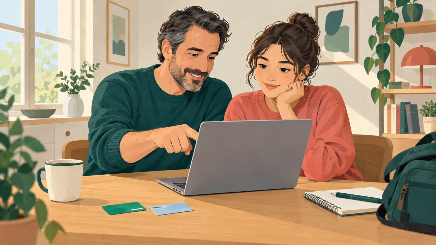 Illustrazione di un genitore che aiuta una studentessa adulta al portatile, con due tessere generiche preparate sul tavolo.