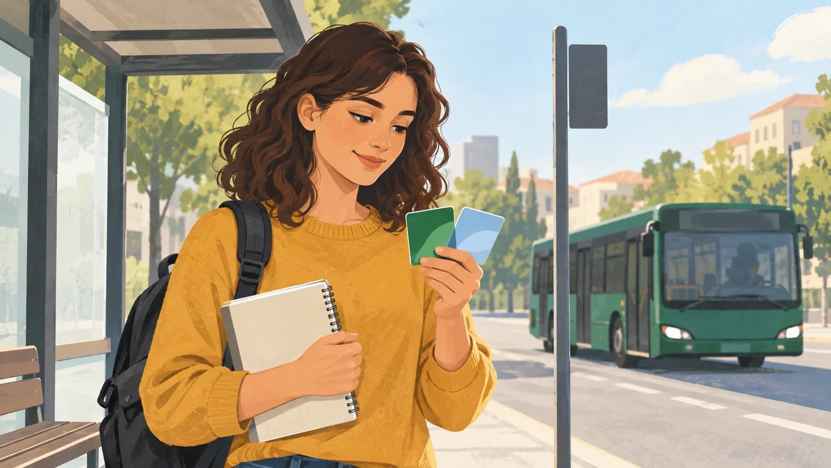 Illustrazione di una studentessa adulta con due tessere generiche alla fermata, con un autobus senza marchi sullo sfondo.